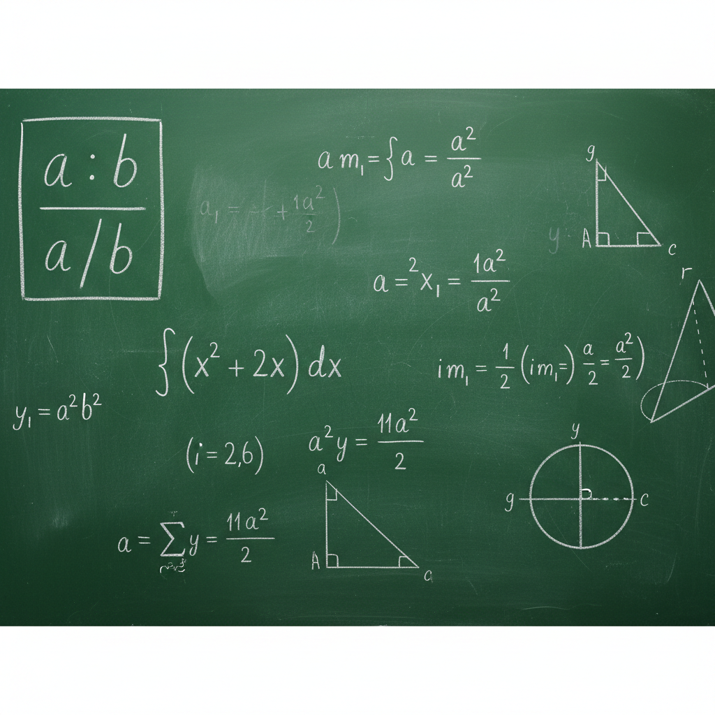green school blackboard with chalk math formulas a:b and a/b written on it