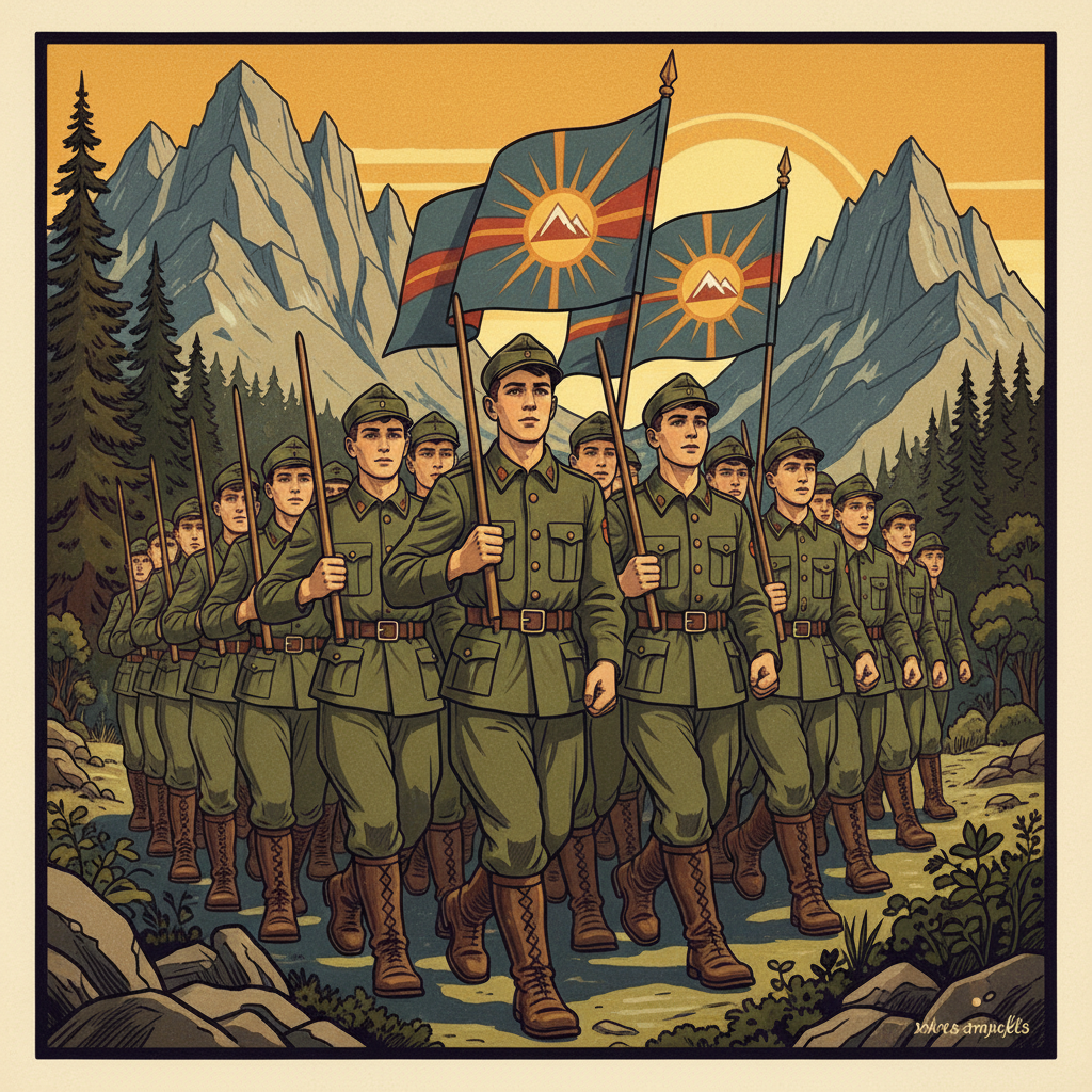 Group of 1930s teenage boys in uniforms hiking in nature, disciplined formation, carrying flags, vintage aesthetic, propaganda poster style