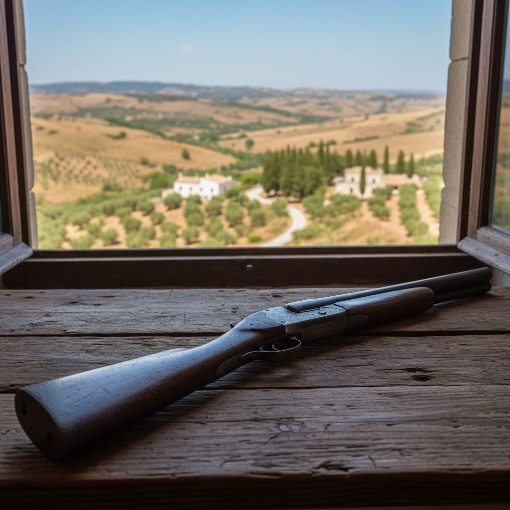 Double barreled sawed off shotgun (lupara) lying on a rustic wooden table, sicilian landscape outside window