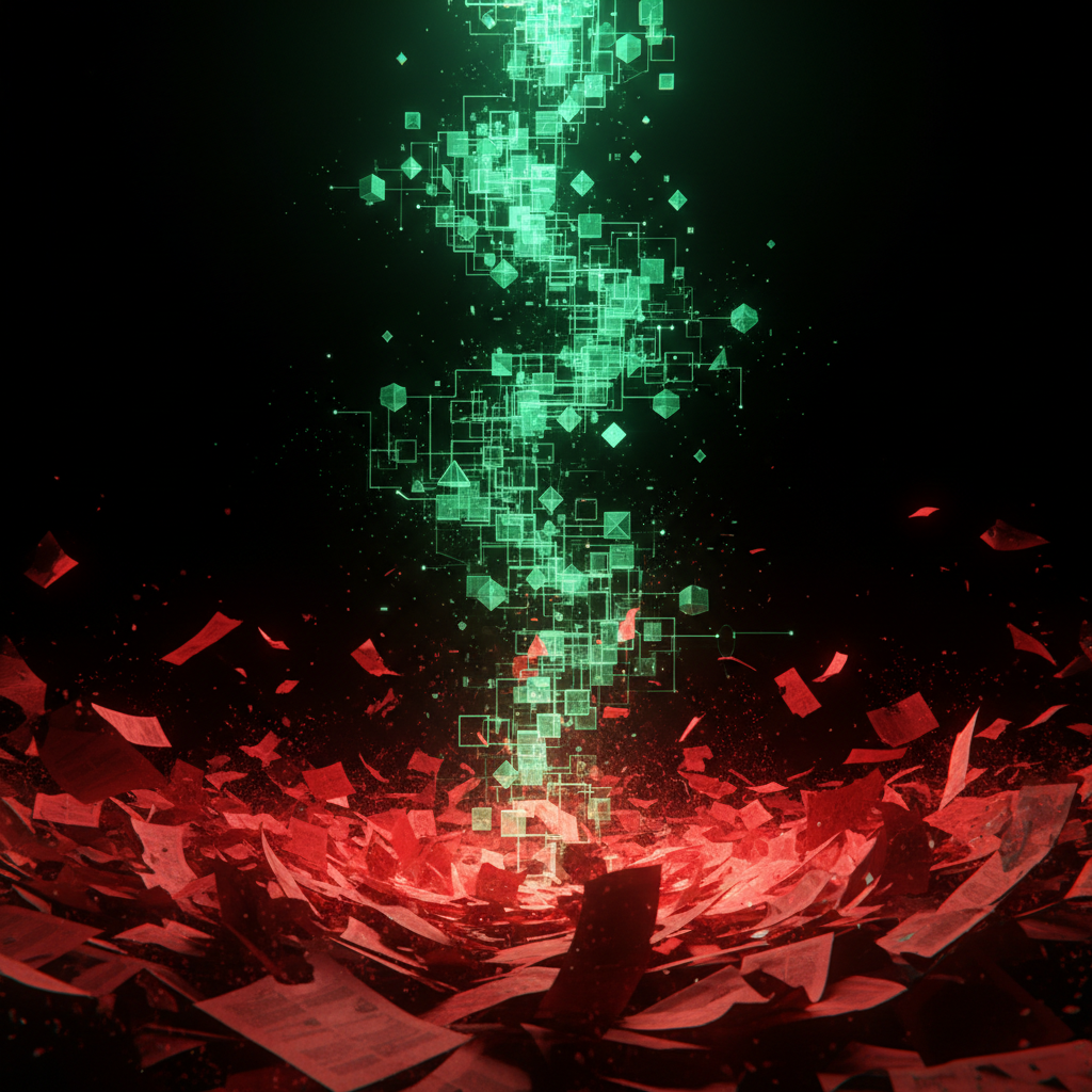 Conceptual art showing transformation from chaotic red scattered papers to organized green digital blocks, glowing effect, high contrast
