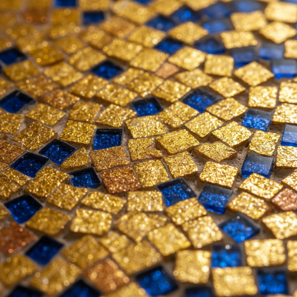 Macro photo of Byzantine gold mosaic tiles (tesserae), reflecting light, uneven surface texture, rich golden and deep blue colors, ancient art detail