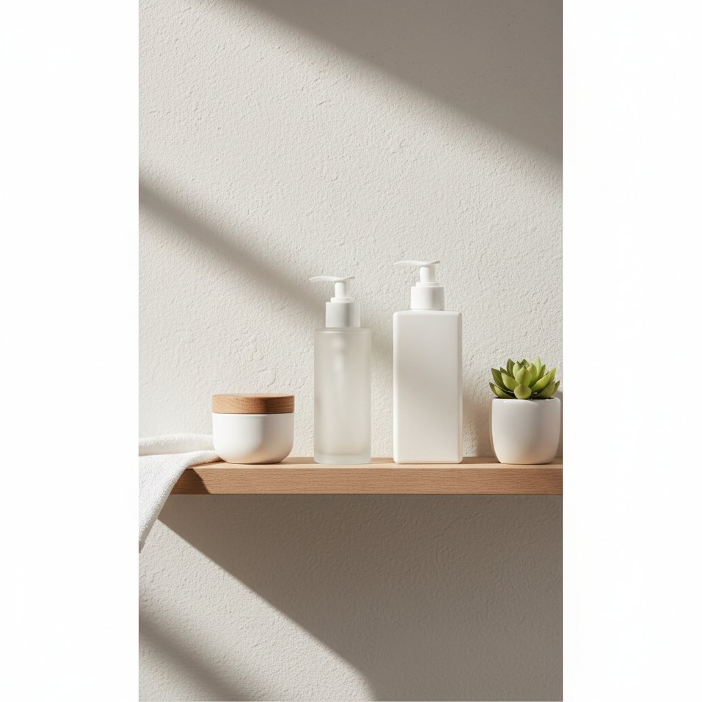 minimalist bathroom shelf with just three essential high quality skincare products, clean, bright, organized, white and wood tones