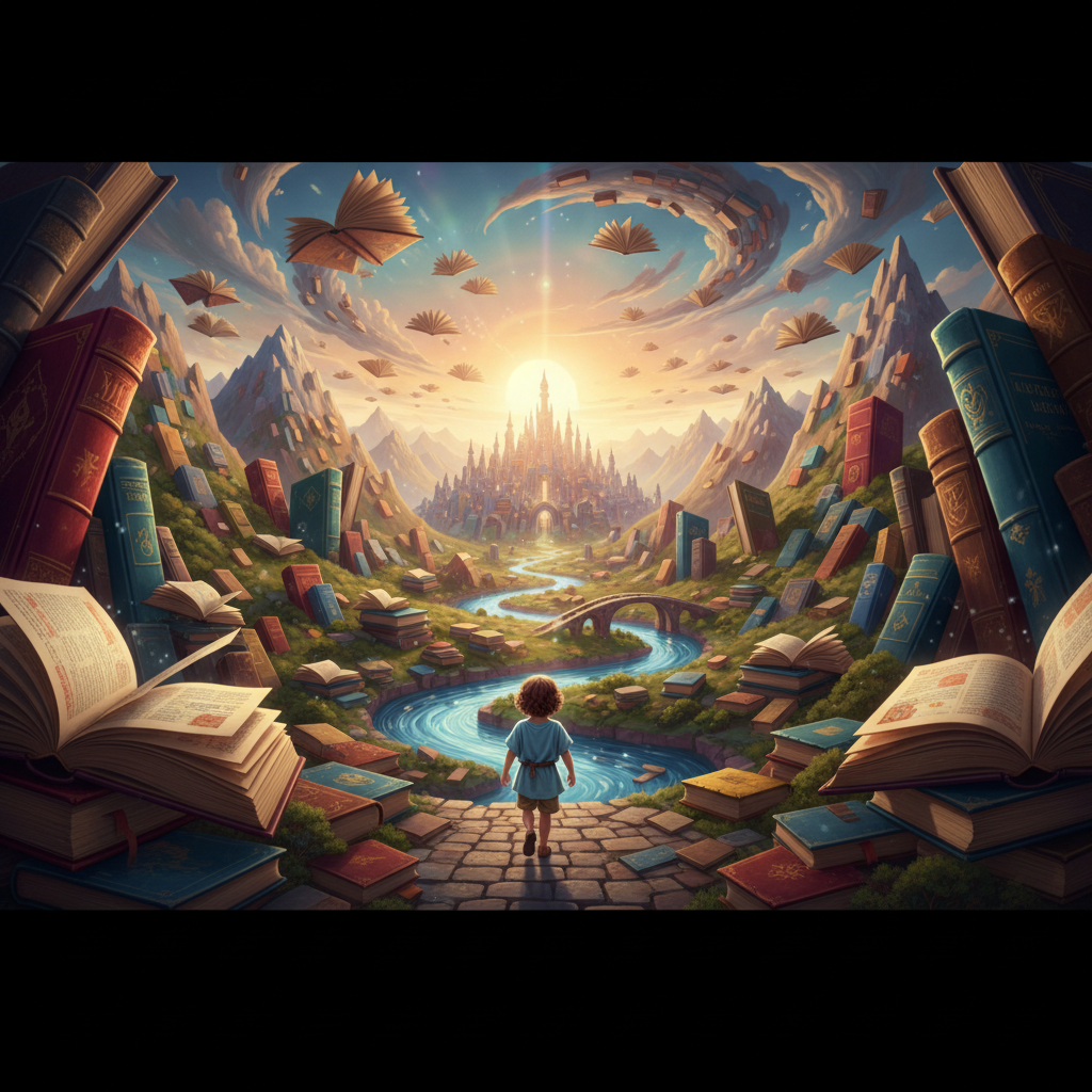 A small child walking into a bright, fantastical landscape made entirely of large colorful books, symbolizing a future of learning, cinematic lighting