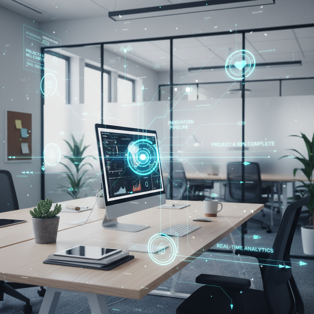 Clean, organized office environment with digital overlay showing efficient workflow