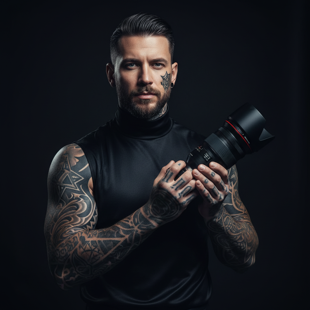 High-contrast cinematic portrait of a stylish male model with intricate tattoos on arms and neck, holding a professional camera lens, studio lighting, moody atmosphere, sleek black aesthetic