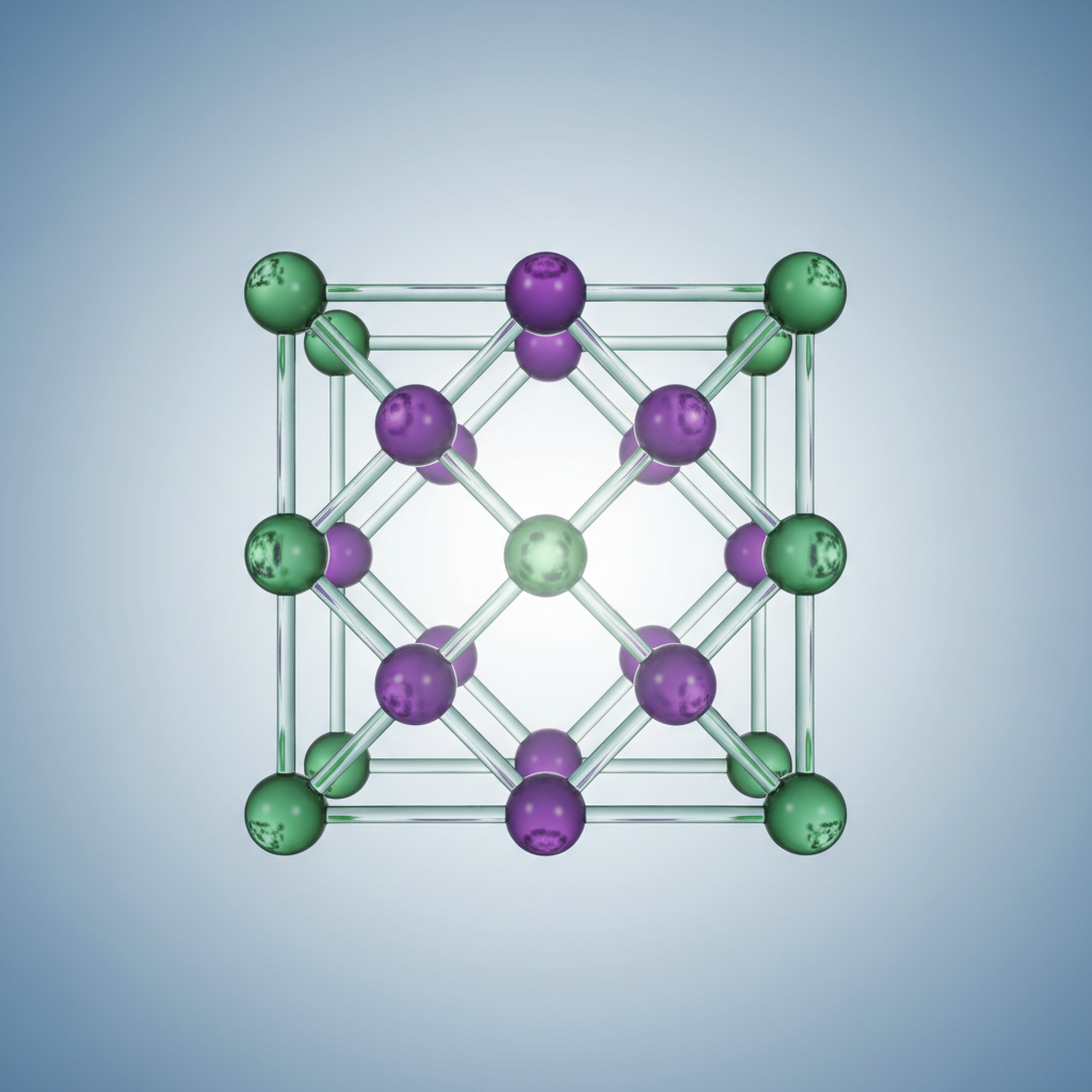 3D visualization of sodium chloride crystal lattice structure, showing purple sodium and green chlorine ions arranged in a grid
