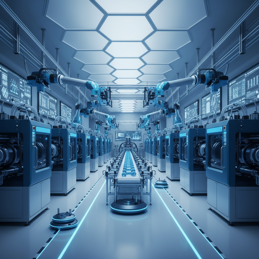 Clean, futuristic automated factory floor with injection molding machines, blue aesthetic, wide angle