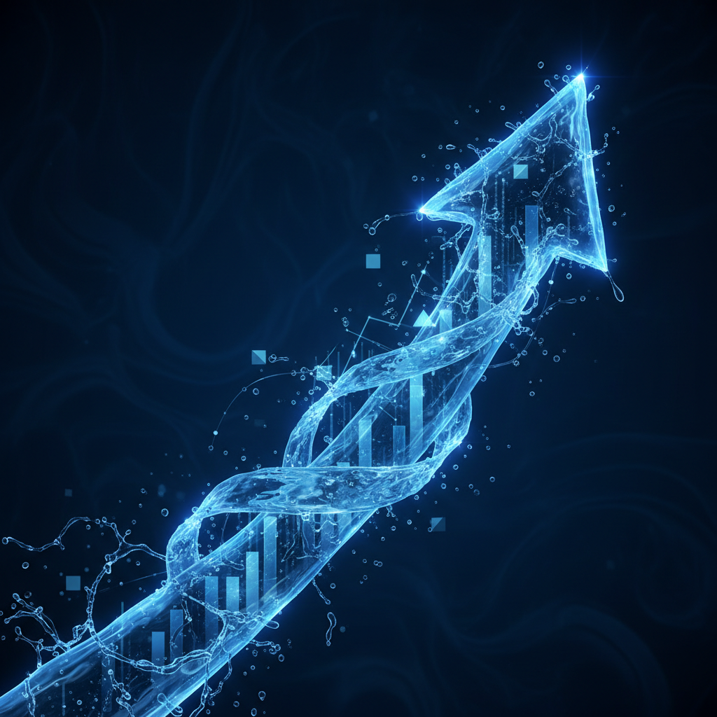 Abstract artistic representation of financial growth, upward arrow made of water or light, dark blue background, professional finance concept