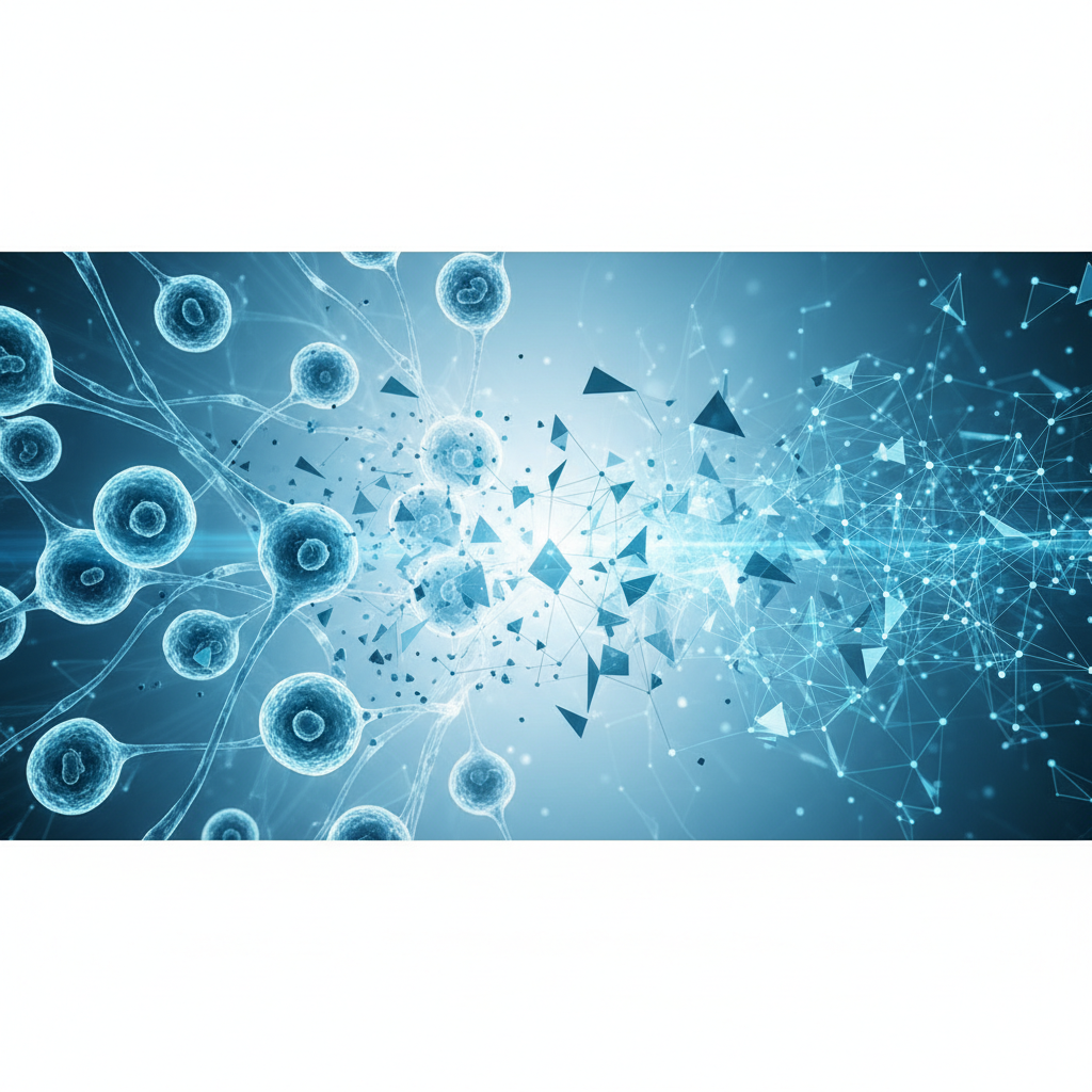 Split composition art showing biological cells on the left merging into digital network nodes on the right, cyan and white color scheme