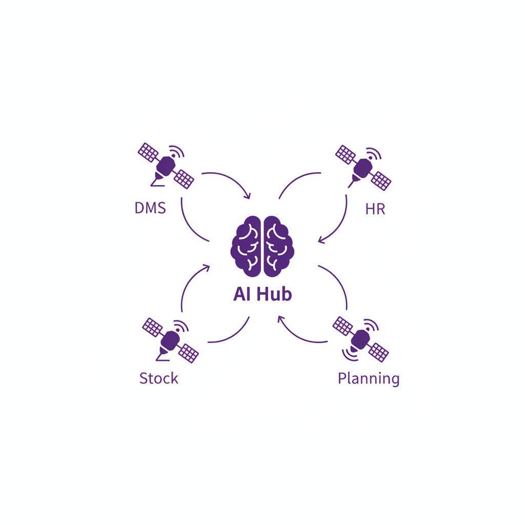 Minimalist technical diagram showing a central 'AI Hub' brain icon connected to satellites labeled 'DMS', 'HR', 'Stock', 'Planning' with data flowing into the center, white background, clean lines, purple accent