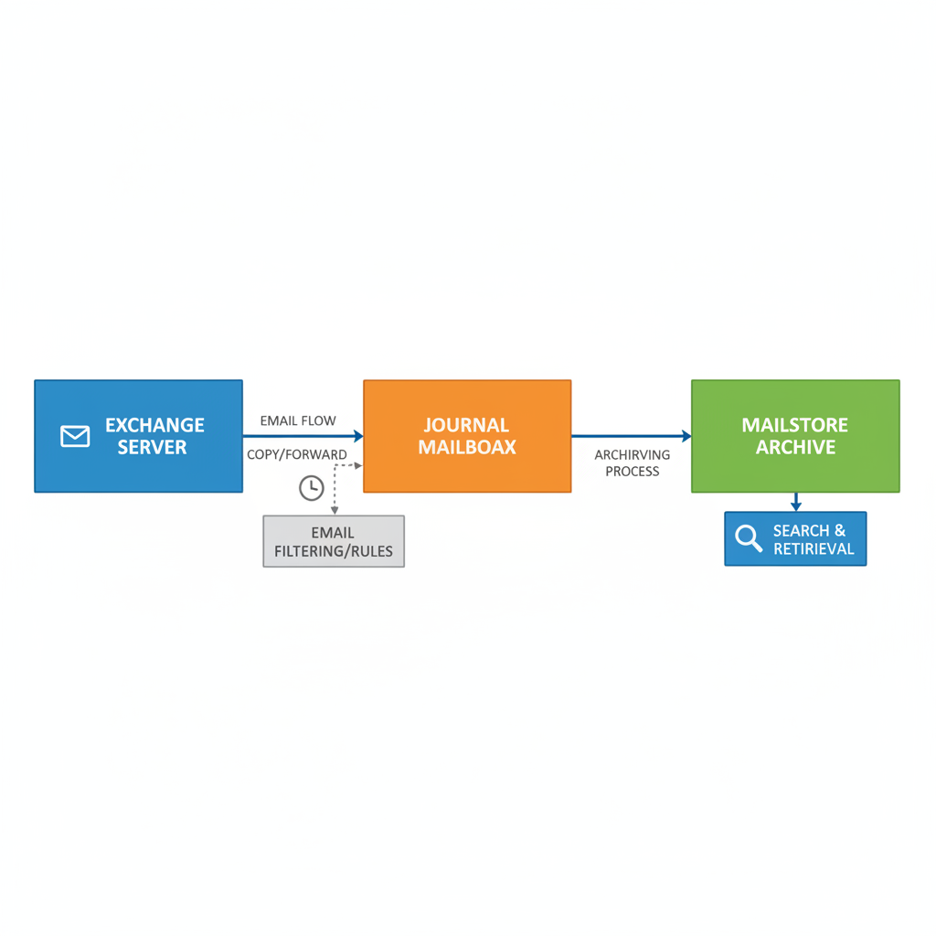 Flowchart diagram showing email journey from Exchange to Journal Mailbox to MailStore Archive, simple schematic, white background