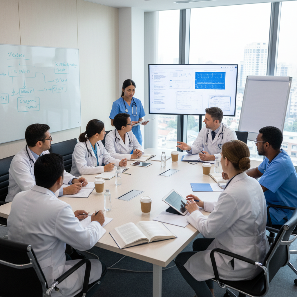 Team of doctors and midwives discussing in a meeting room, professional medical learning environment