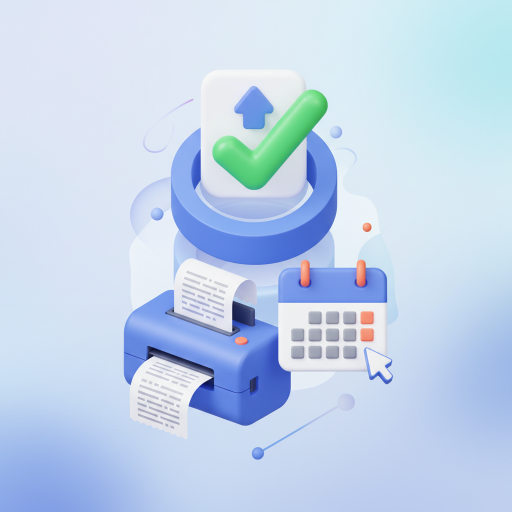 3D collage of submission success, receipt printing, and calendar booking icons
