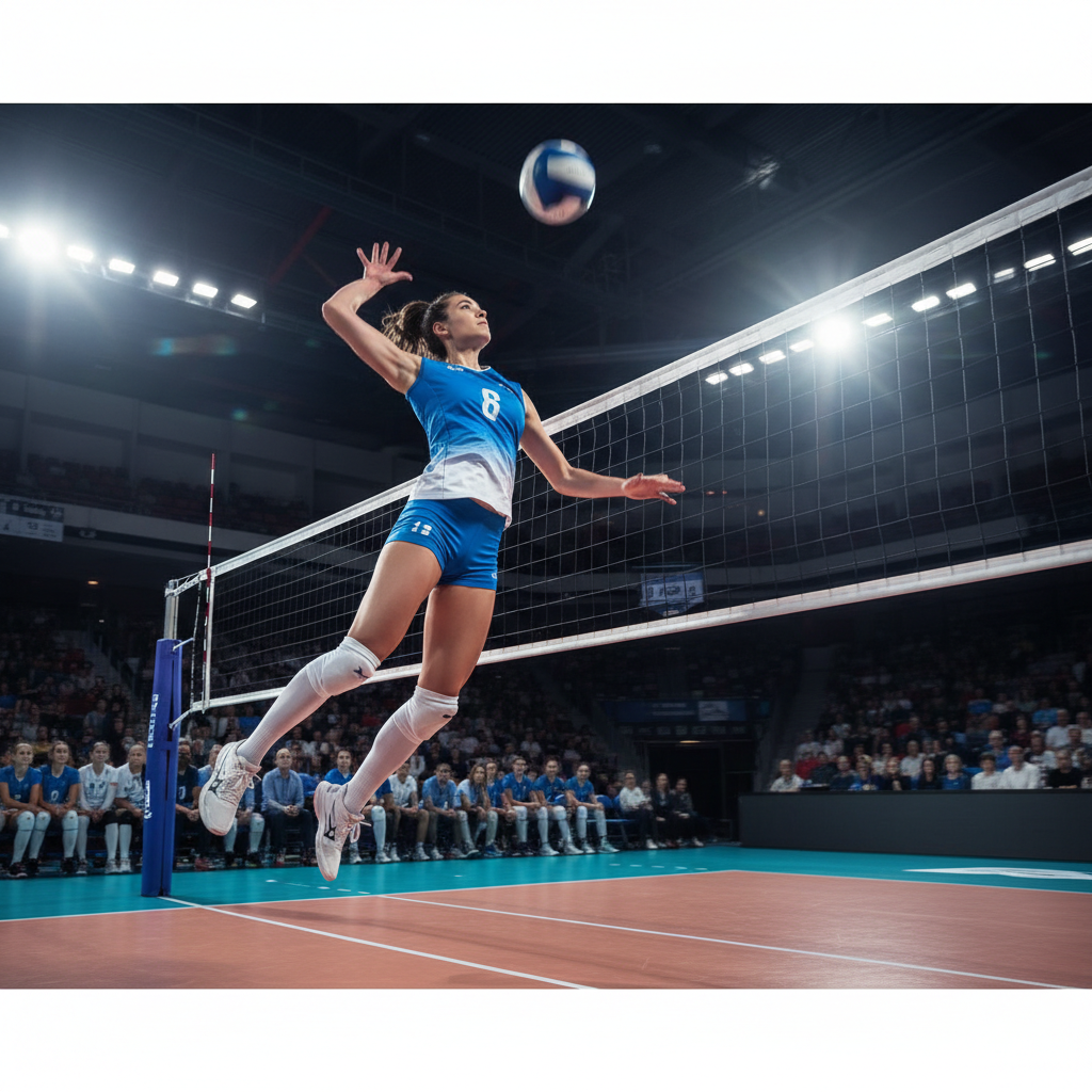 volleyball spike action freeze frame powerful athlete jumping high above net dynamic motion blur stadium crowd background