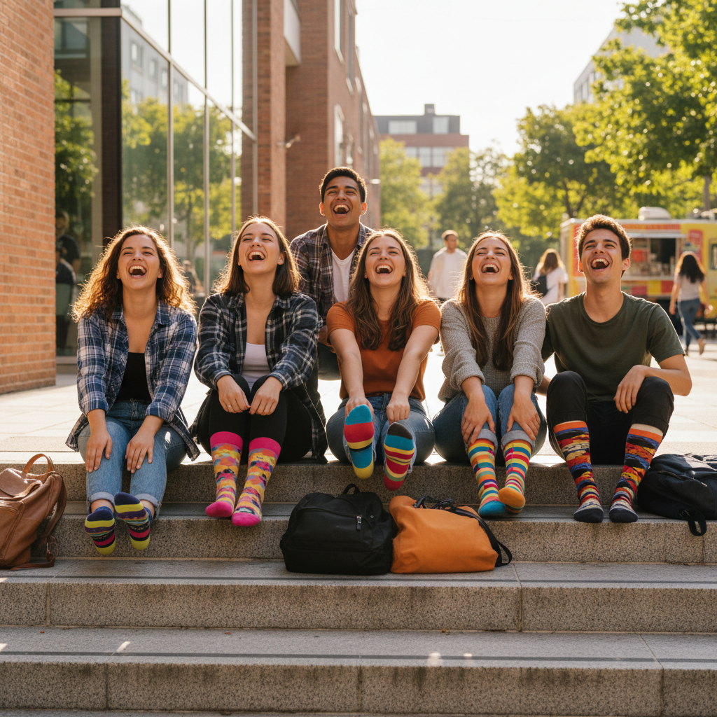 Group of diverse young people (gen z) sitting on steps outside a university campus, laughing and showing off colorful patterned socks, urban setting, natural lighting