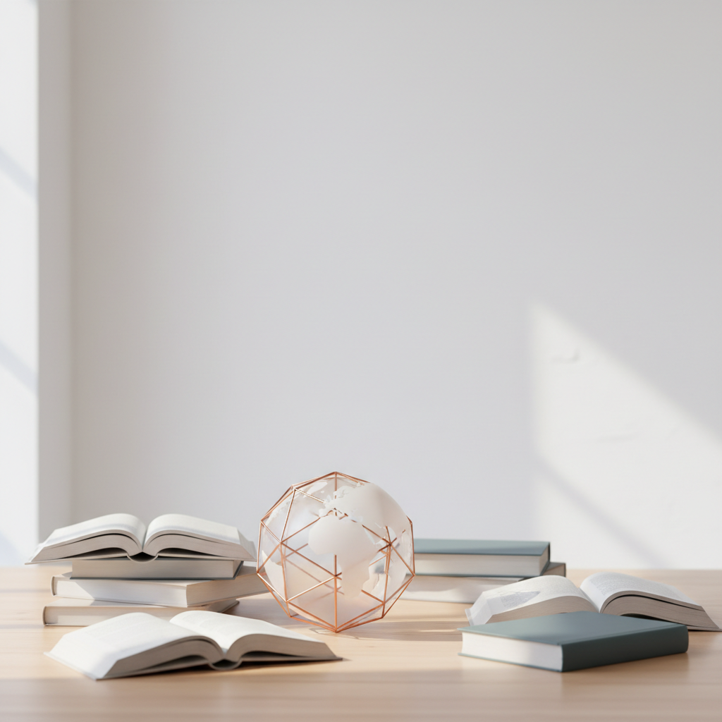 A professional educational setting, abstract composition with books, a globe, and soft lighting, high quality, photorealistic, minimal style, clean background