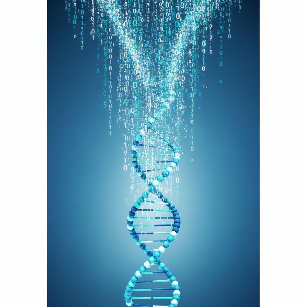 Double helix DNA strand merging into computer binary code (0s and 1s), conceptual illustration of bioinformatics, cyan, blue and white colors