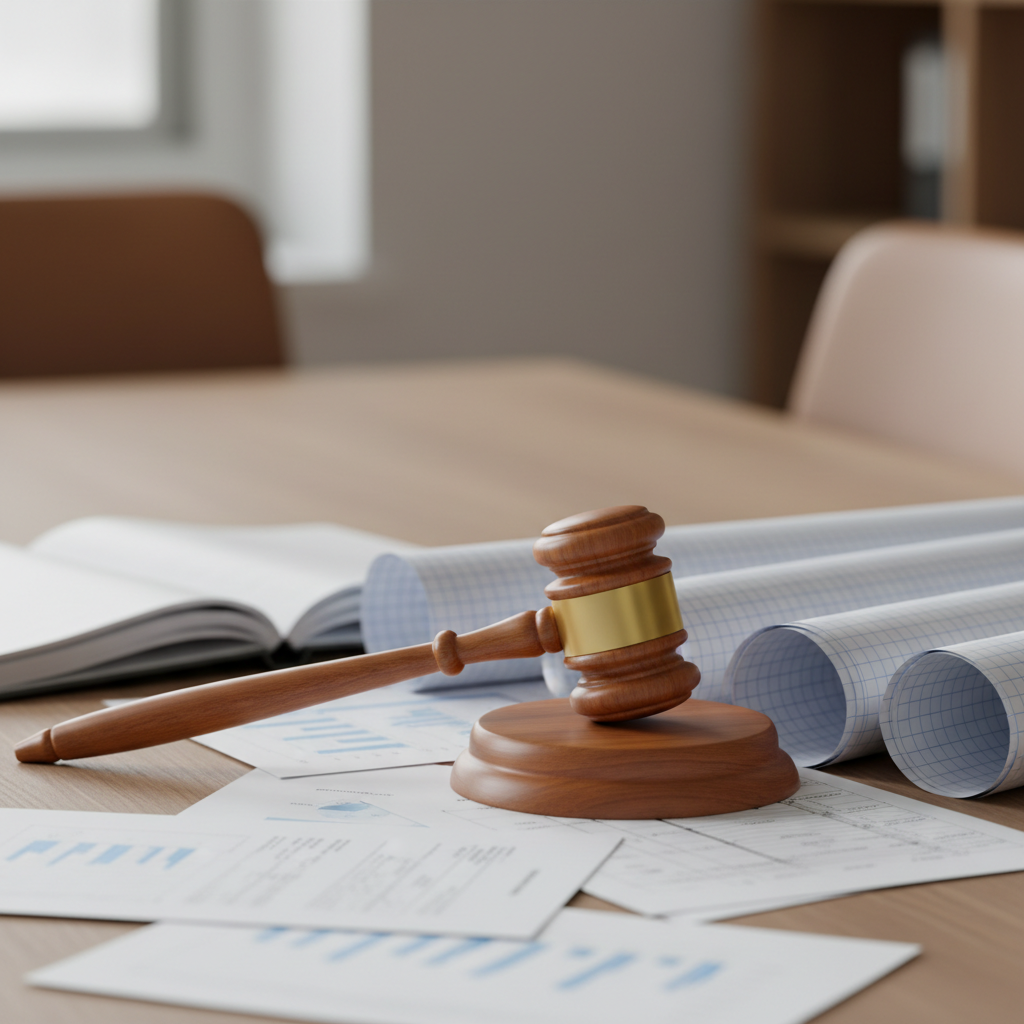 Gavel on a table with construction blueprints and documents, photorealistic close up