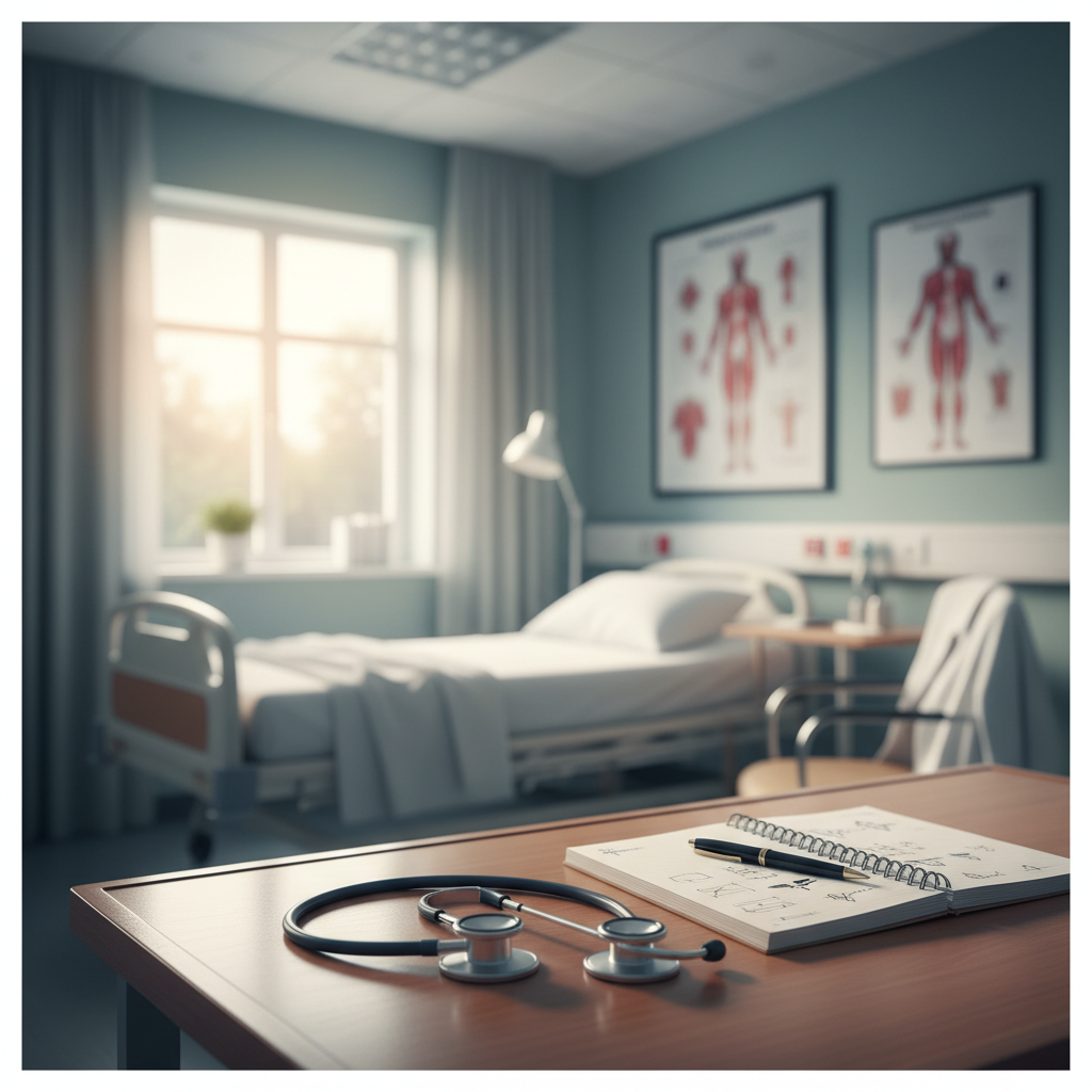 Medical education background, clean hospital setting, stethoscope and notebook on desk, soft lighting, professional healthcare style