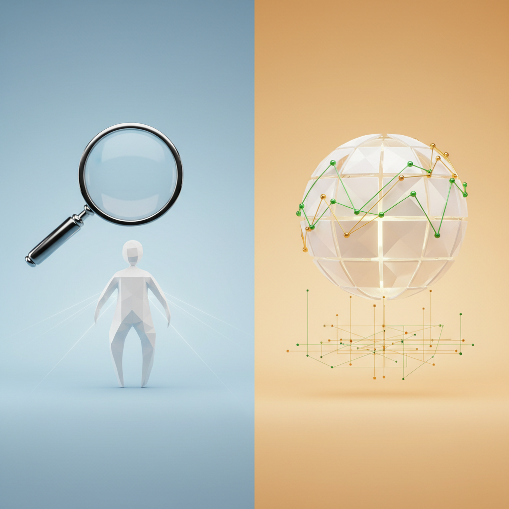 Conceptual illustration split in half, left side showing a single magnifying glass over a person, right side showing a globe with economic trend lines, minimalist 3d render