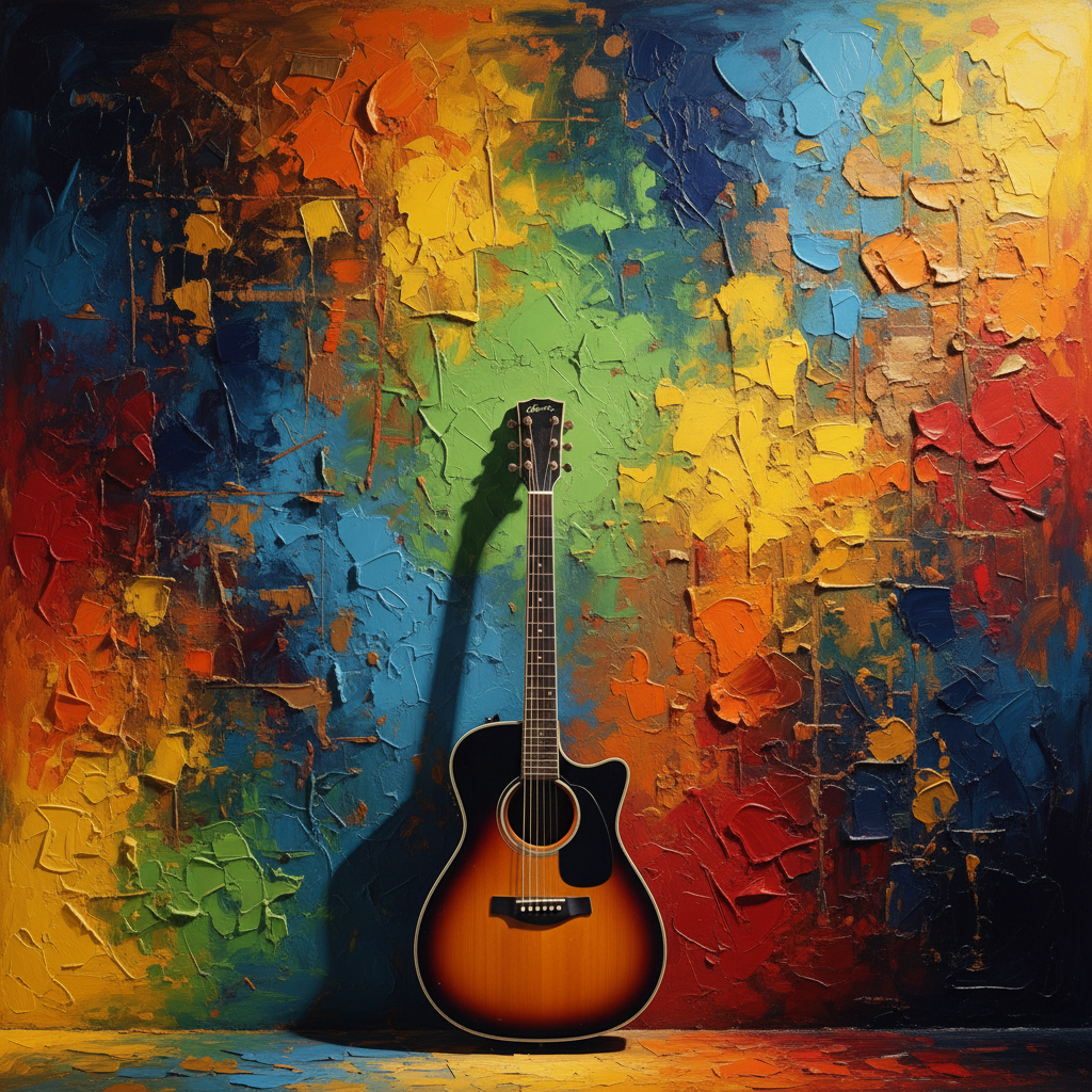 Acoustic guitar standing against a colorful textured wall, artistic style