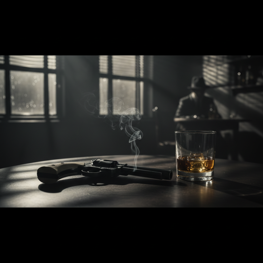 Cinematic film noir atmosphere, smoking gun on a wooden table, glass of whiskey, dark moody lighting, 1920s gangster style, high contrast, shadows