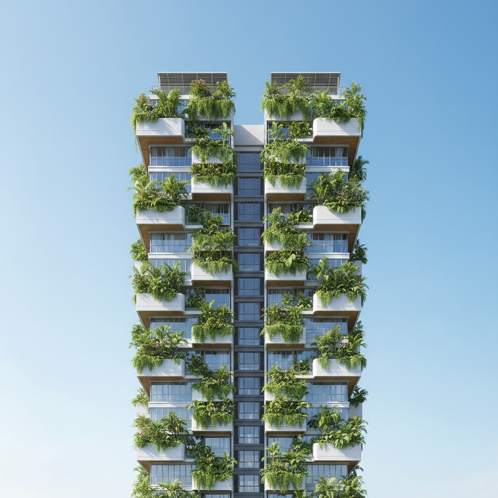 Photorealistic architectural rendering of a modern Singapore HDB public housing building facade with lush vertical greenery, clear blue sky, high quality 8k resolution