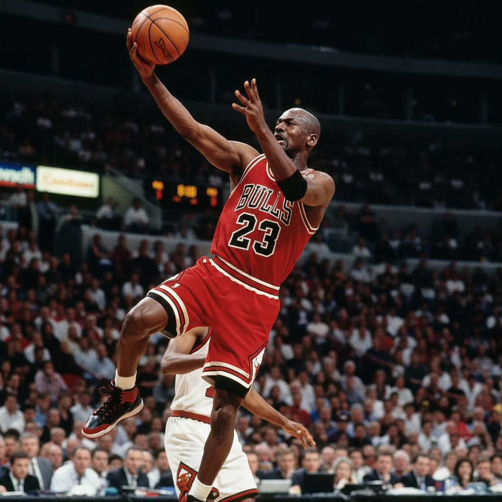 Michael Jordan aggressively blocking a shot, mid-air, Chicago Bulls uniform, vintage 90s telephoto shot