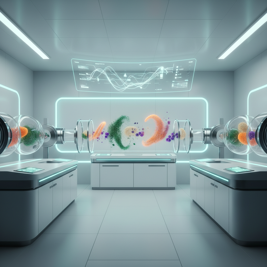 Minimalist high-tech food processing laboratory aesthetic, bright white and teal lighting, abstract shapes of organic pet food ingredients, 8k resolution, cinematic lighting