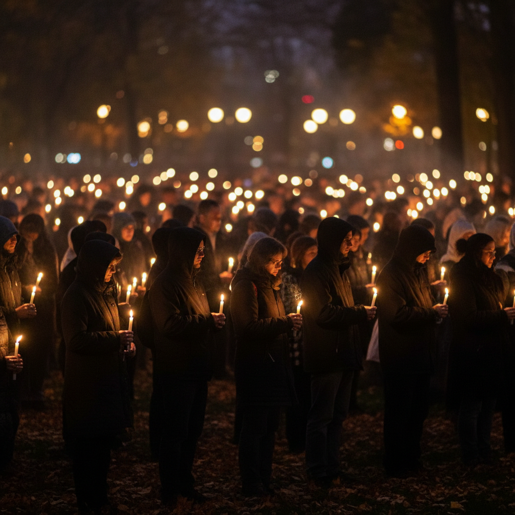 Atmospheric candlelight vigil, soft flame glow in darkness, bokeh effect, solemn mood