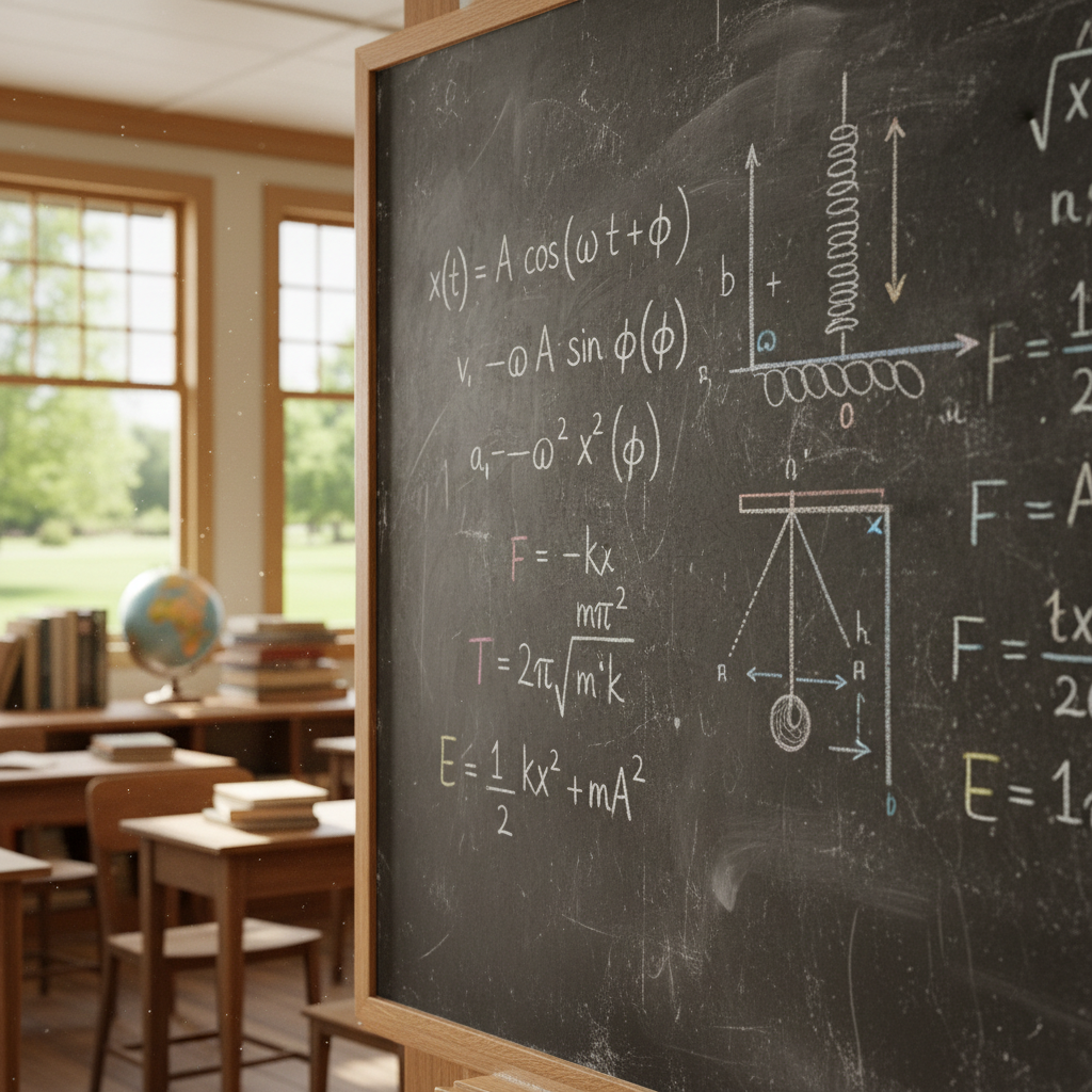 blackboard with physics formulas written in chalk, harmonic oscillation equations, science classroom background, realistic