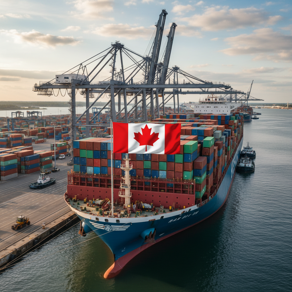 Container ship focusing on shipping containers with Canadian flag at a busy port, high quality, corporate style