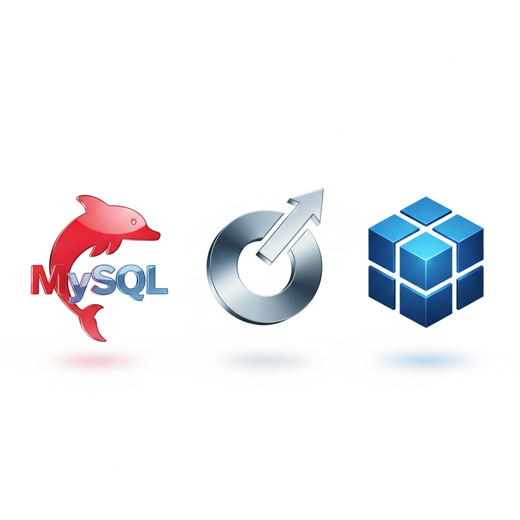 Collection of 3D glossy logos for MySQL, Oracle, and Microsoft SQL Server floating in white space, clean technology aesthetic