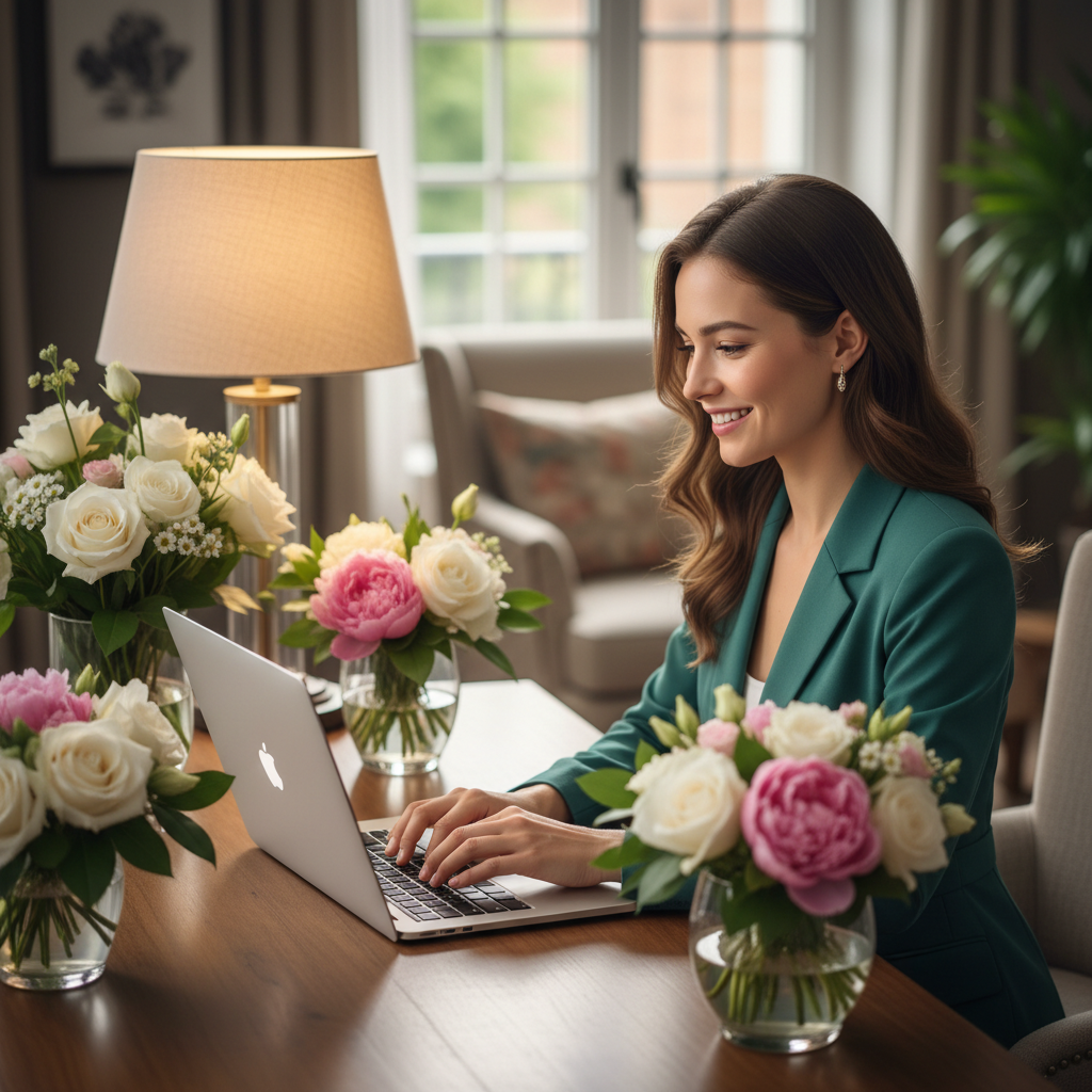 Friendly customer service representative typing on a laptop with floral arrangements on the desk, warm lighting, approachable atmosphere