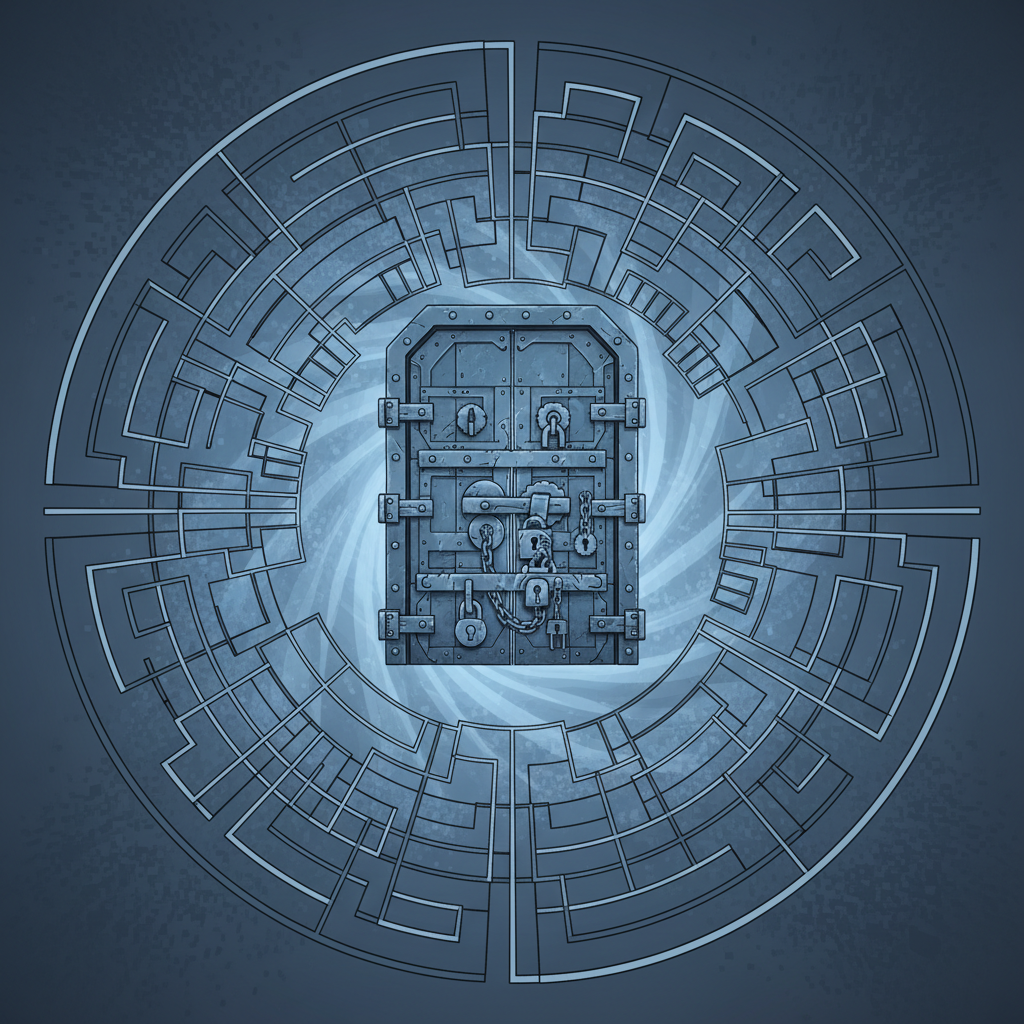 abstract illustration of a maze or heavy locked door, representing constraints, blue and grey tones