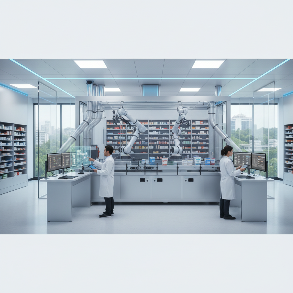 Modern hospital pharmacy automation system with pharmacists working in a clean, high-tech environment, photorealistic, 8k