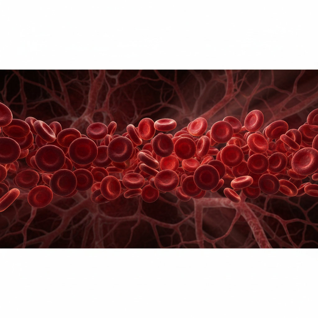 Medical background with flowing red blood cells, 3D realistic illustration, cinematic lighting, dark red theme