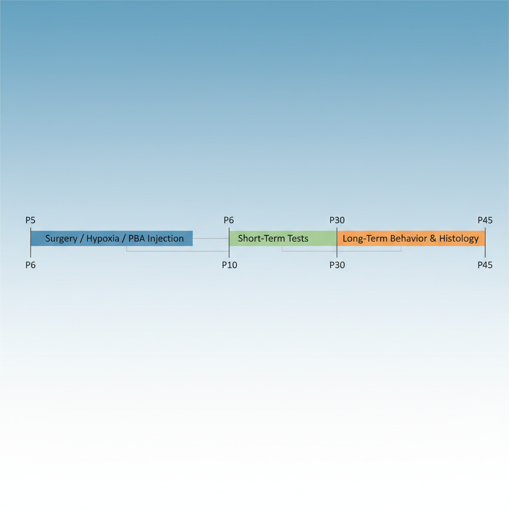 Experimental timeline chart: P5 surgery/hypoxia/PBA injection, P6-P10 short term tests, P30-P45 long term behavior and histology