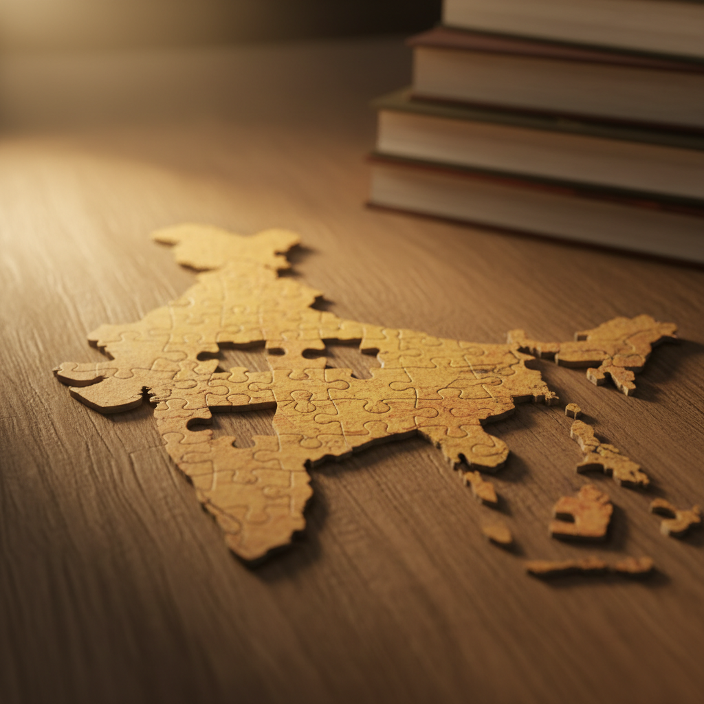 A puzzle with missing pieces in the shape of the South Asian map, warm lighting, macro photography style, academic concept