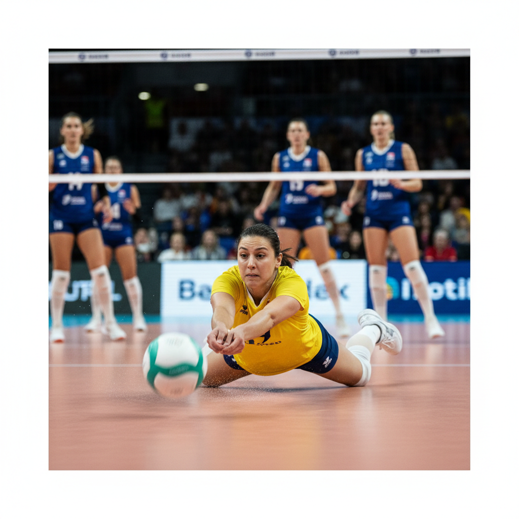 volleyball libero player divining for a ball, wearing a contrasting color jersey (yellow vs blue team), intense action shot