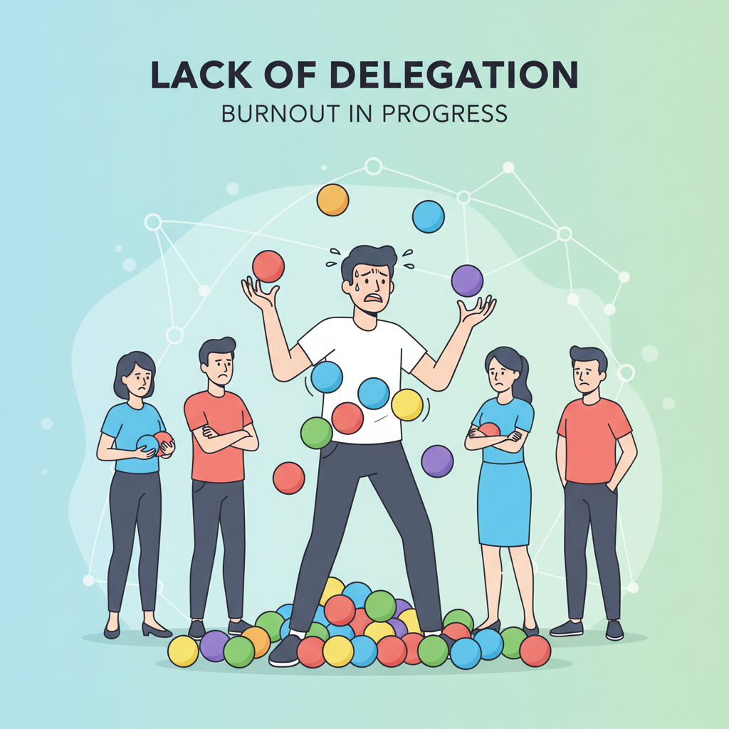 A person juggling too many colorful balls while others watch, representing the lack of delegation, flat illustration style