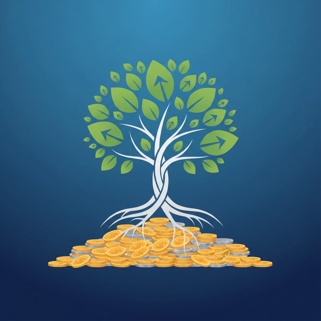 Tree growing from coins, representing generational wealth and estate planning, blue background, minimalist vector art