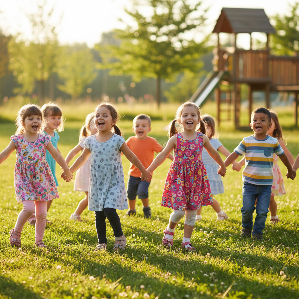 Group of diverse kindergarten children holding hands in a circle, singing or dancing, happy faces
