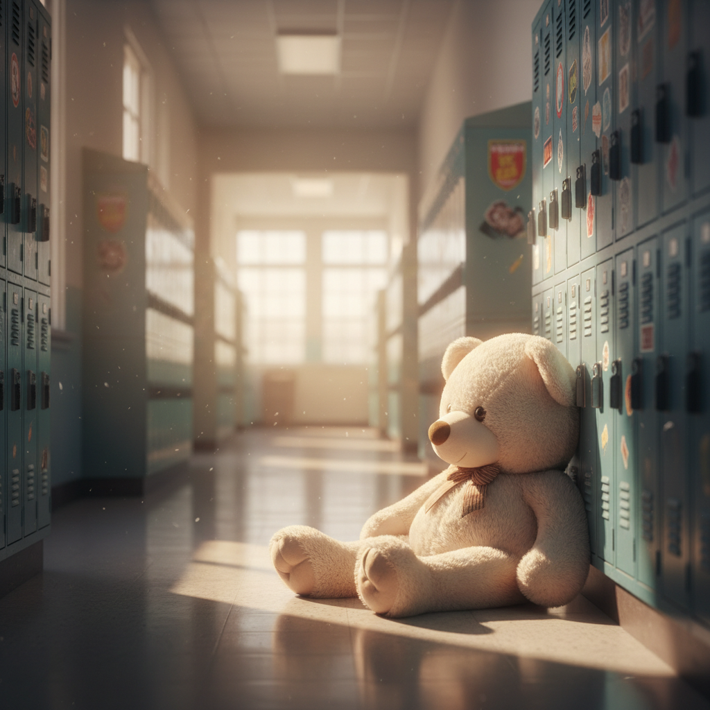 school hallway lockers with a large teddy bear sitting on the floor, nostalgic, soft lighting, cinematic