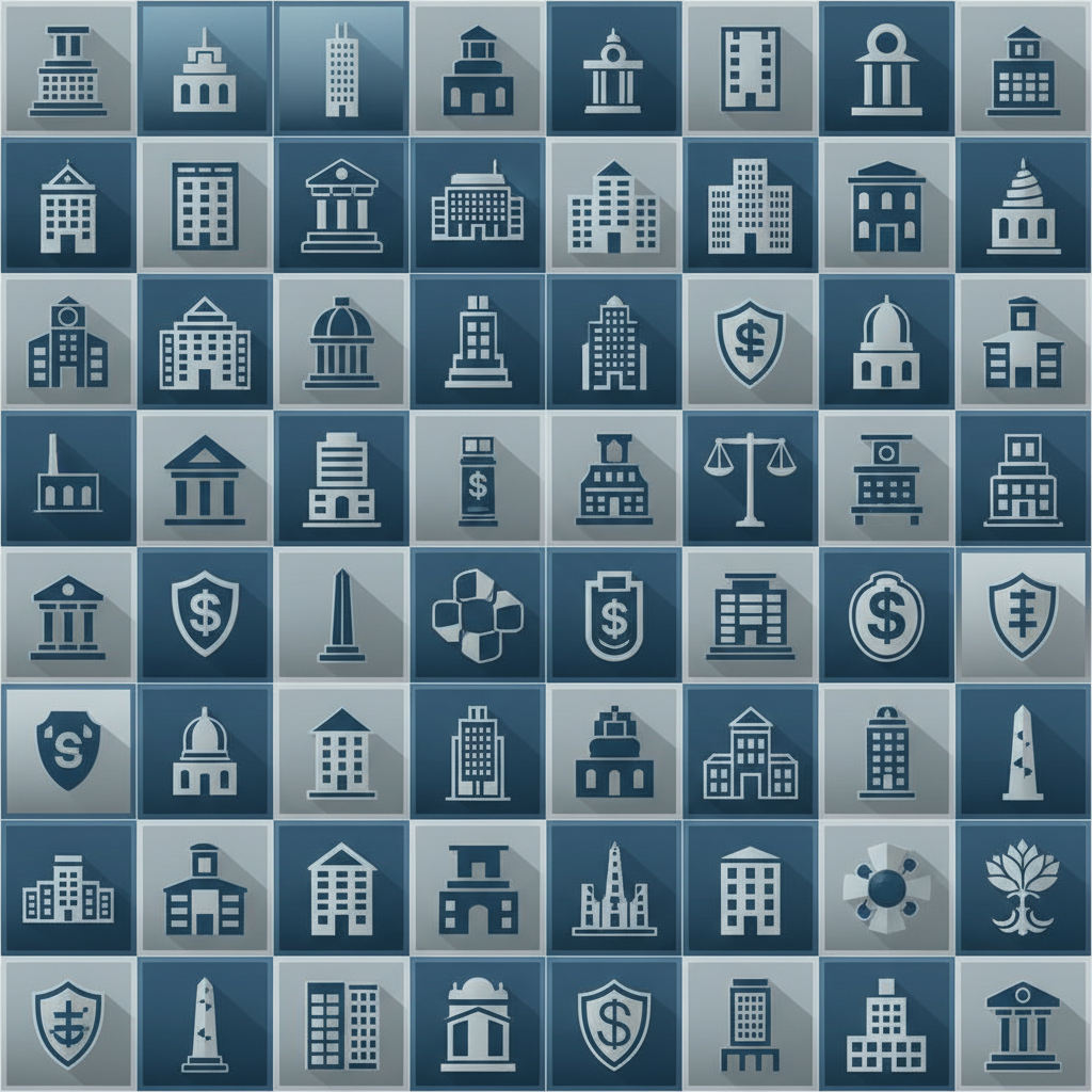 Abstract grid of generic corporate building icons and government symbols, professional gray and blue tones, representing client portfolio