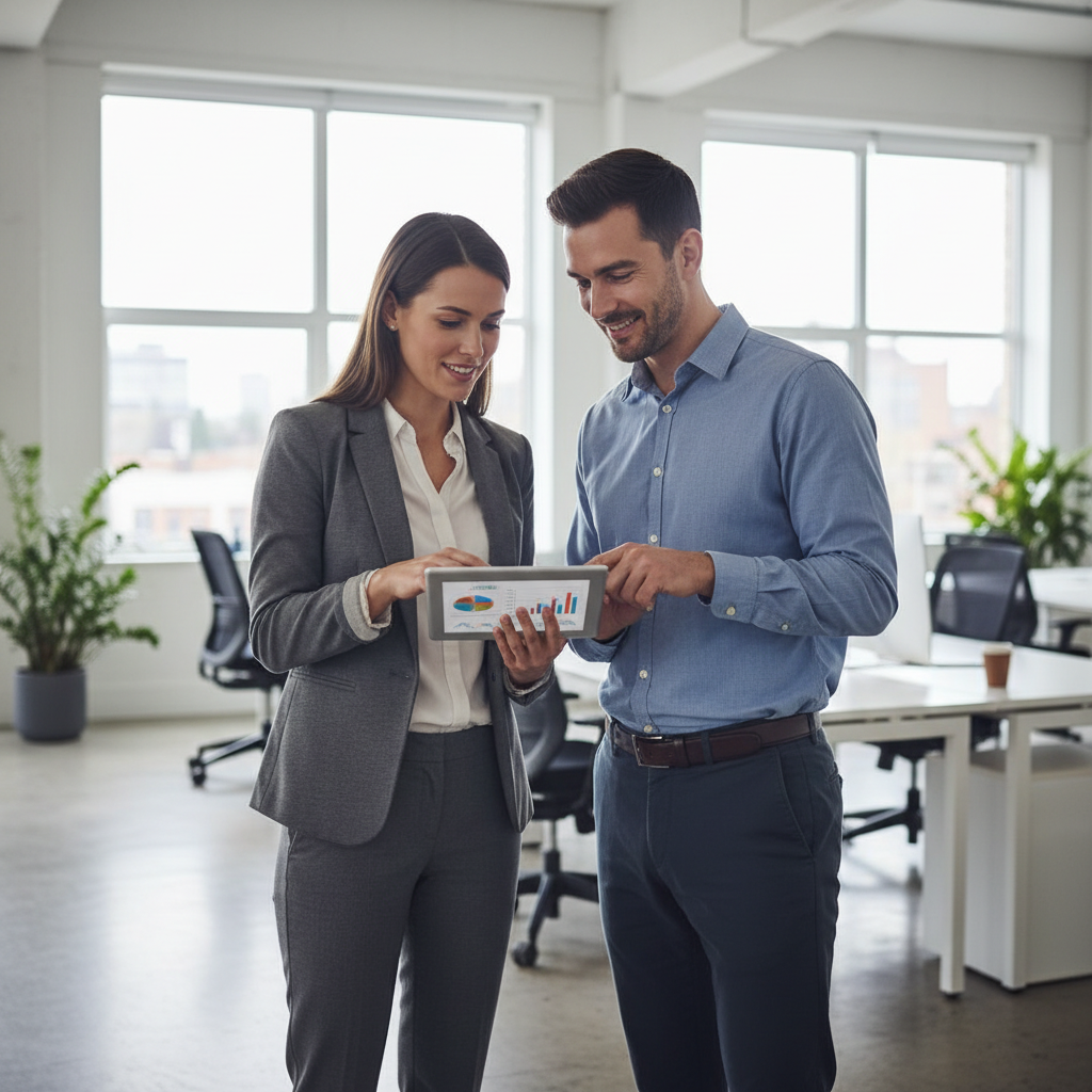 Two professionals in a modern office having a constructive discussion, looking at a tablet together, natural lighting