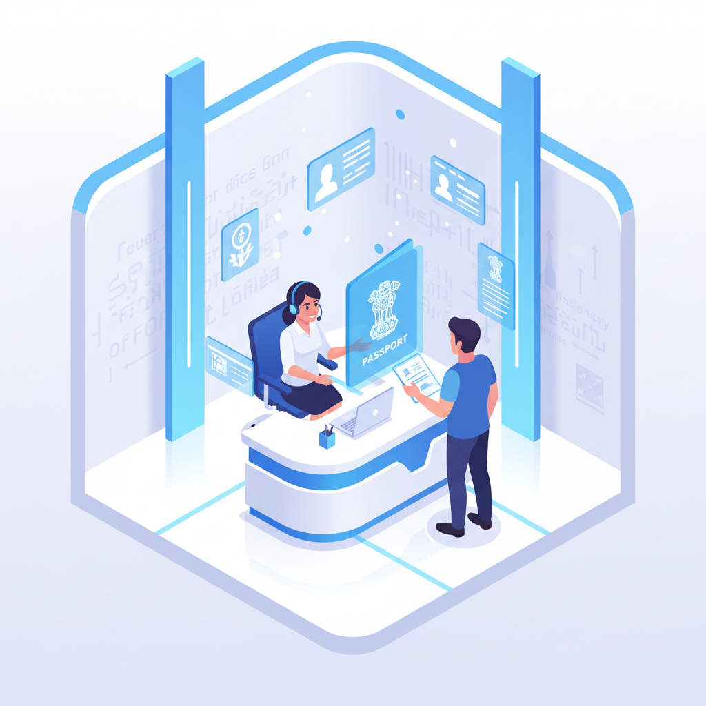 3D isometric illustration of a digital service office, customer service executive helping a client at a desk, floating holograms of government icons like passport and pan card, clean white and blue aesthetics