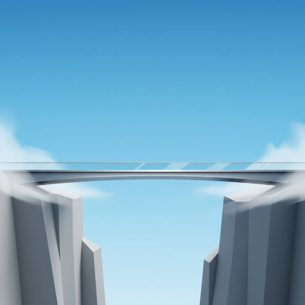 A modern, sturdy bridge connecting two misty simplified cliffs, minimalist style, bright blue sky, symbolizing connection