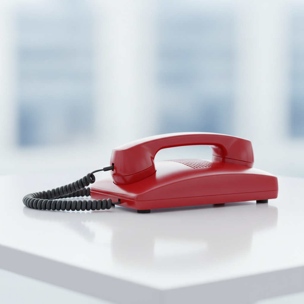Photo of a red emergency telephone hotline on a clean desk, symbolizing immediate help, depth of field, professional