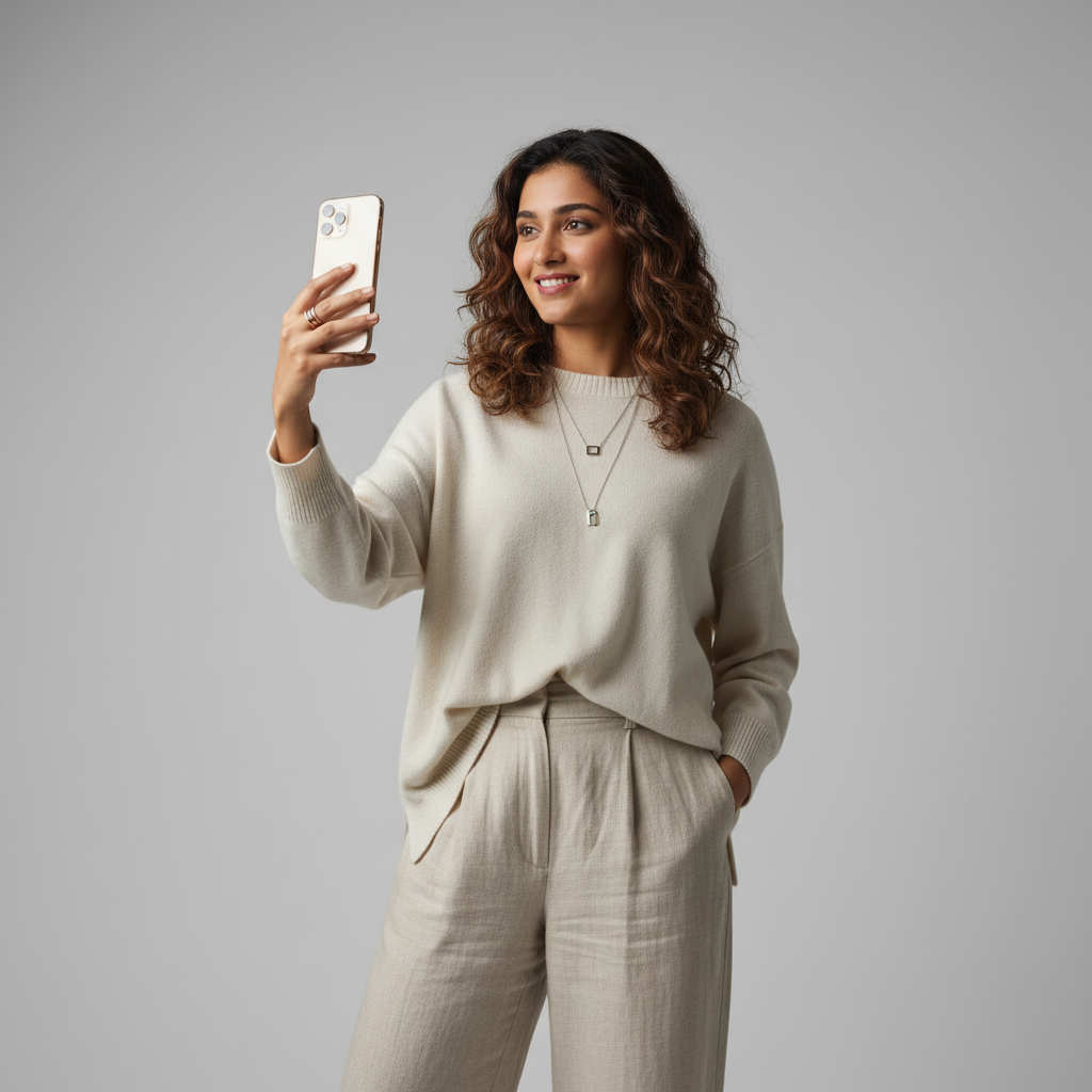 Portrait of Ayesha, a young indian female fashion influencer, holding a smartphone, casual trendy neutral clothing, clean studio background, professional photography